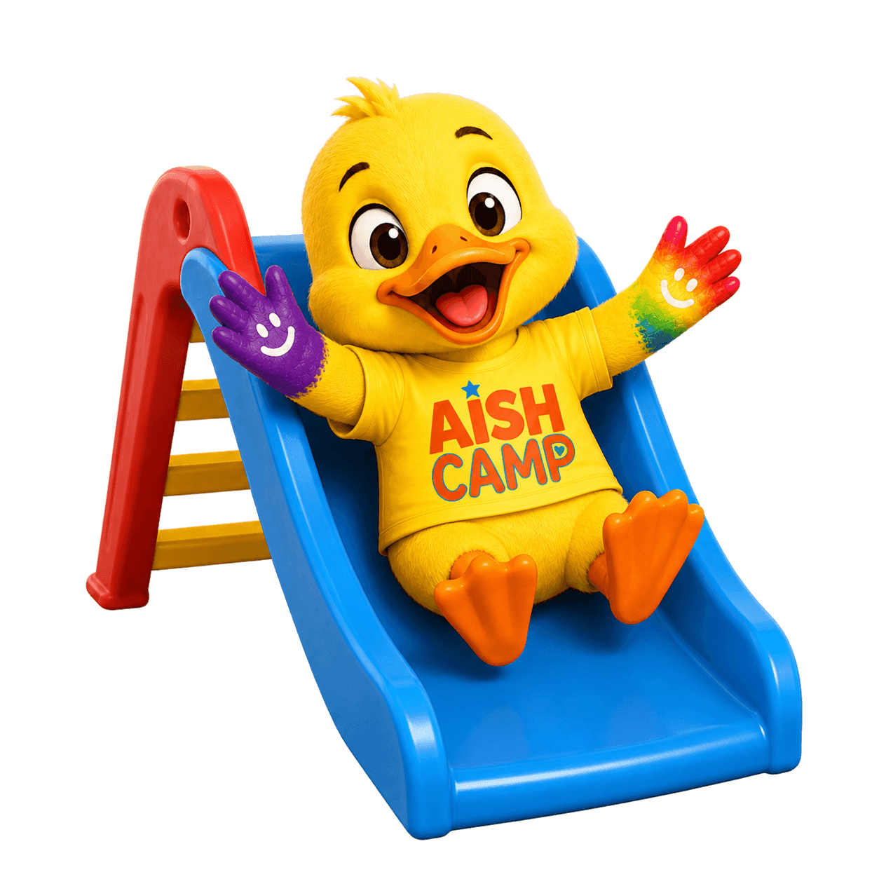 The Aish Camp duck mascot on a slide